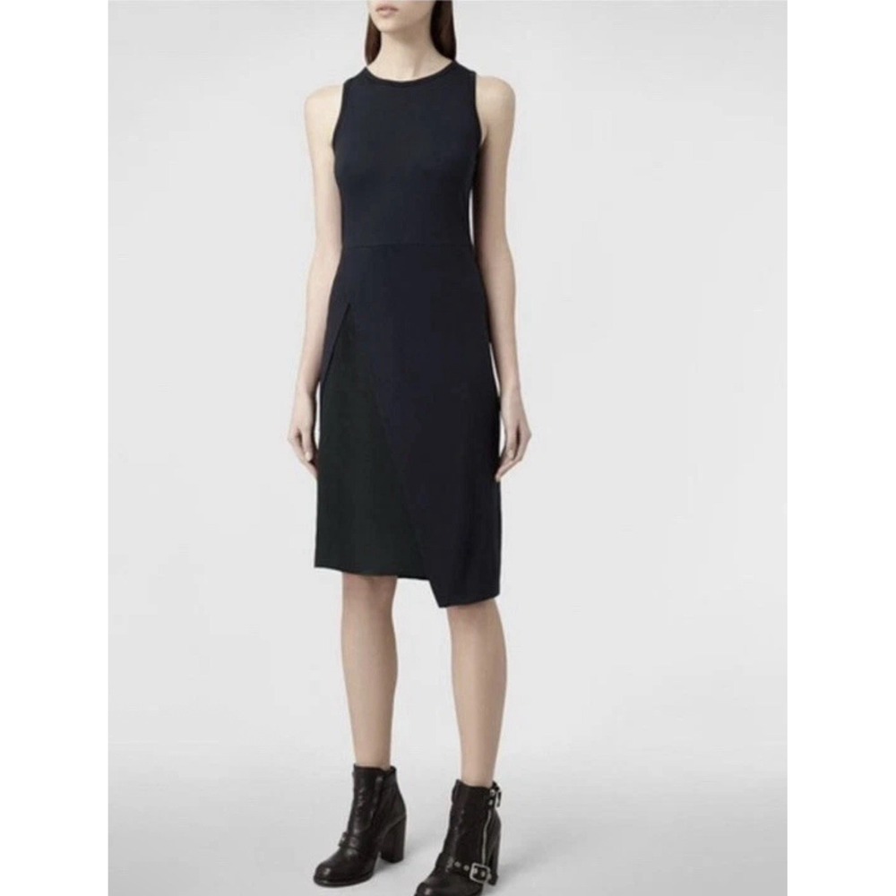 AllSaints Carine Dress.‎ Black Sheath Dress with indigo silk. US Size 6.